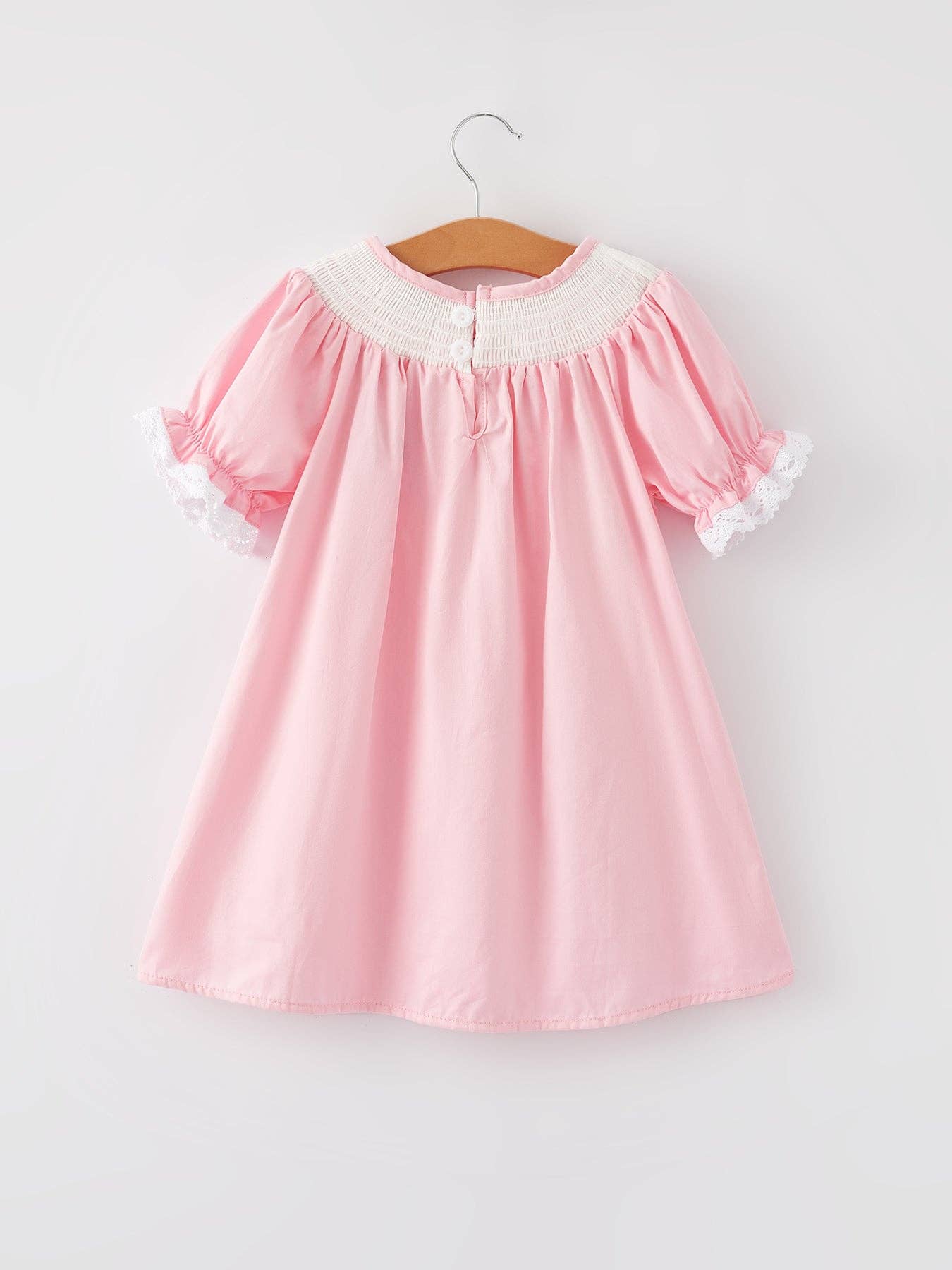 Girls Easter Bunny Smocking Embroidered Lace Cuff Pink Dress | Volare-store