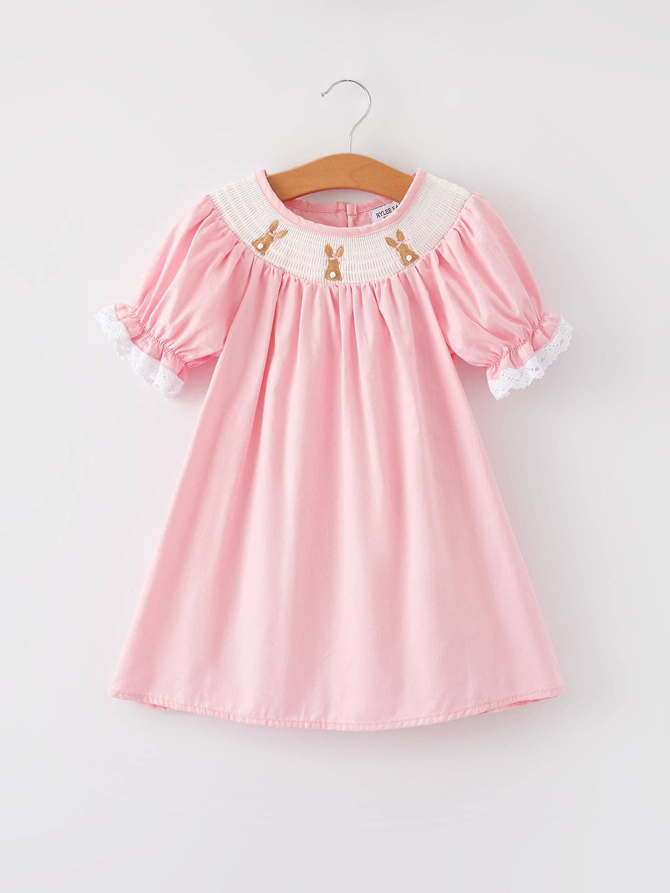 Girls Easter Bunny Smocking Embroidered Lace Cuff Pink Dress | Volare-store